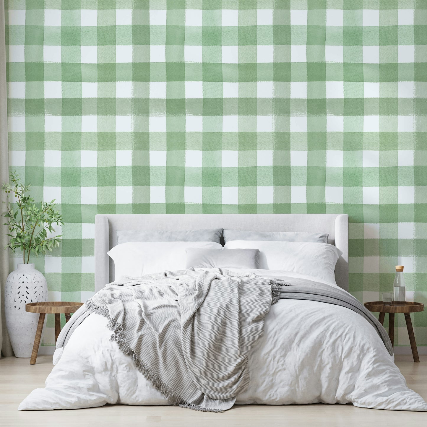 Hand-painted green gingham design for farmhouse or cottage looks.

