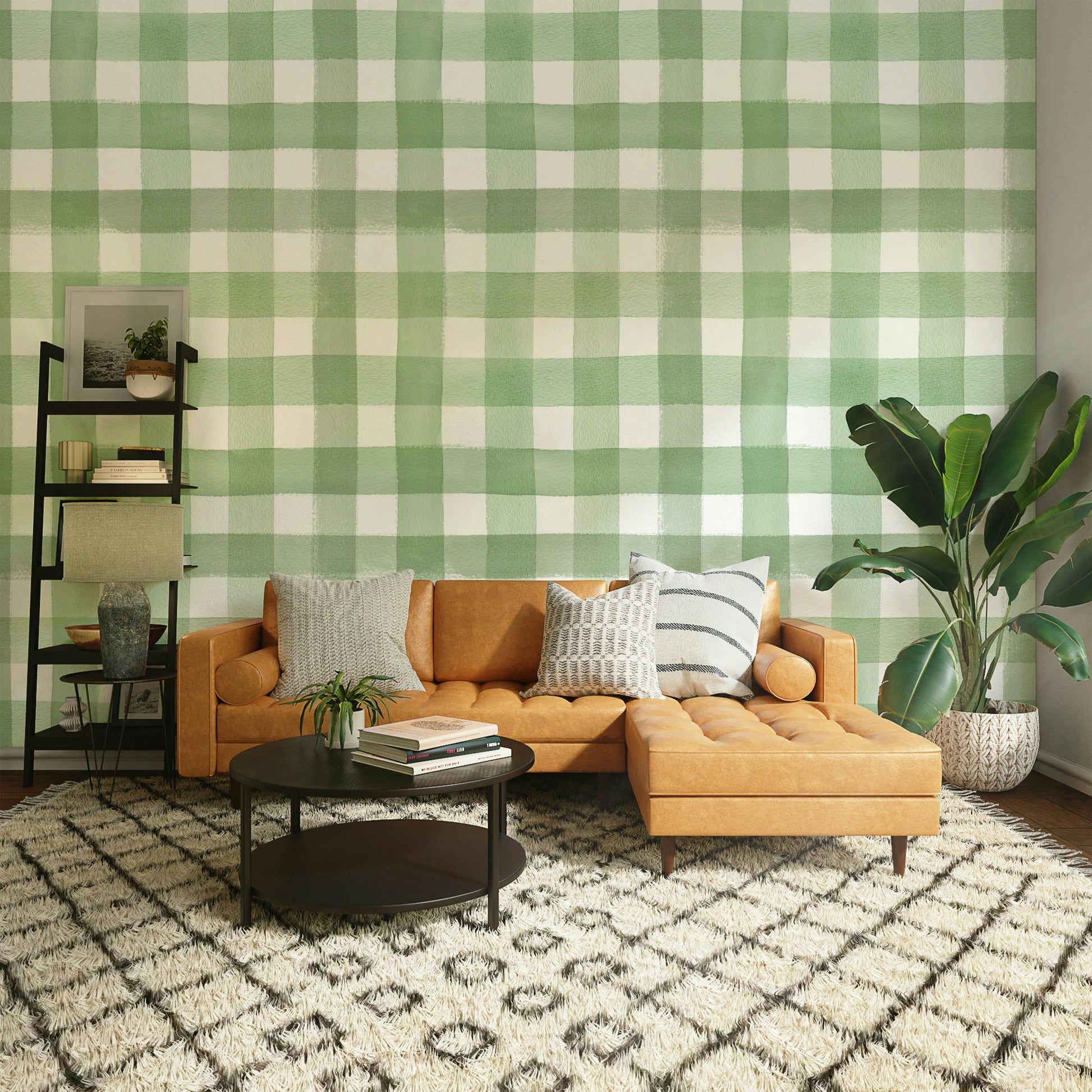 Wallpaper with gentle green checkered pattern in a rustic style.

