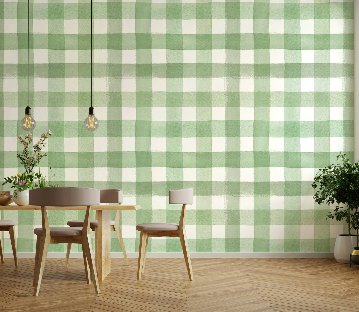 Soft green plaid wallpaper perfect for kitchens or casual interiors.

