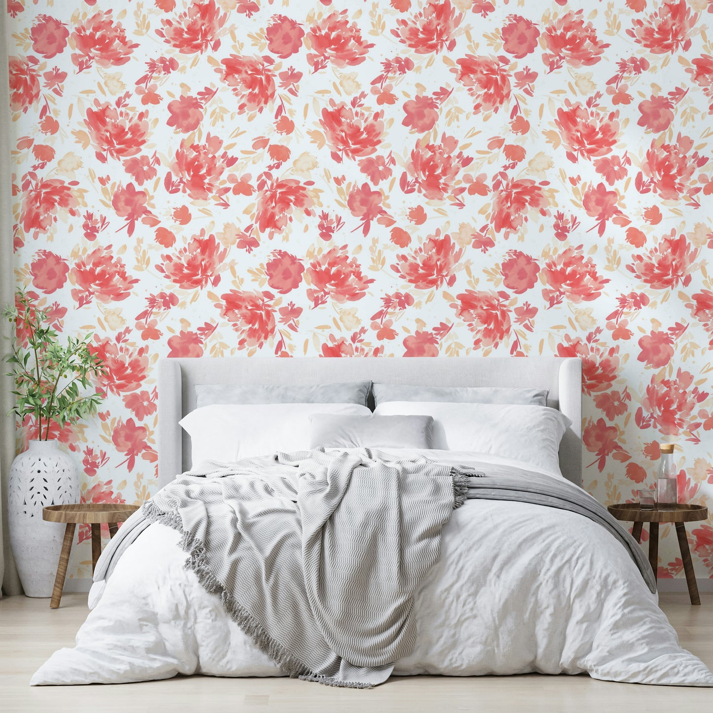 Coral peach rose mural with gentle green foliage in a soft design.

