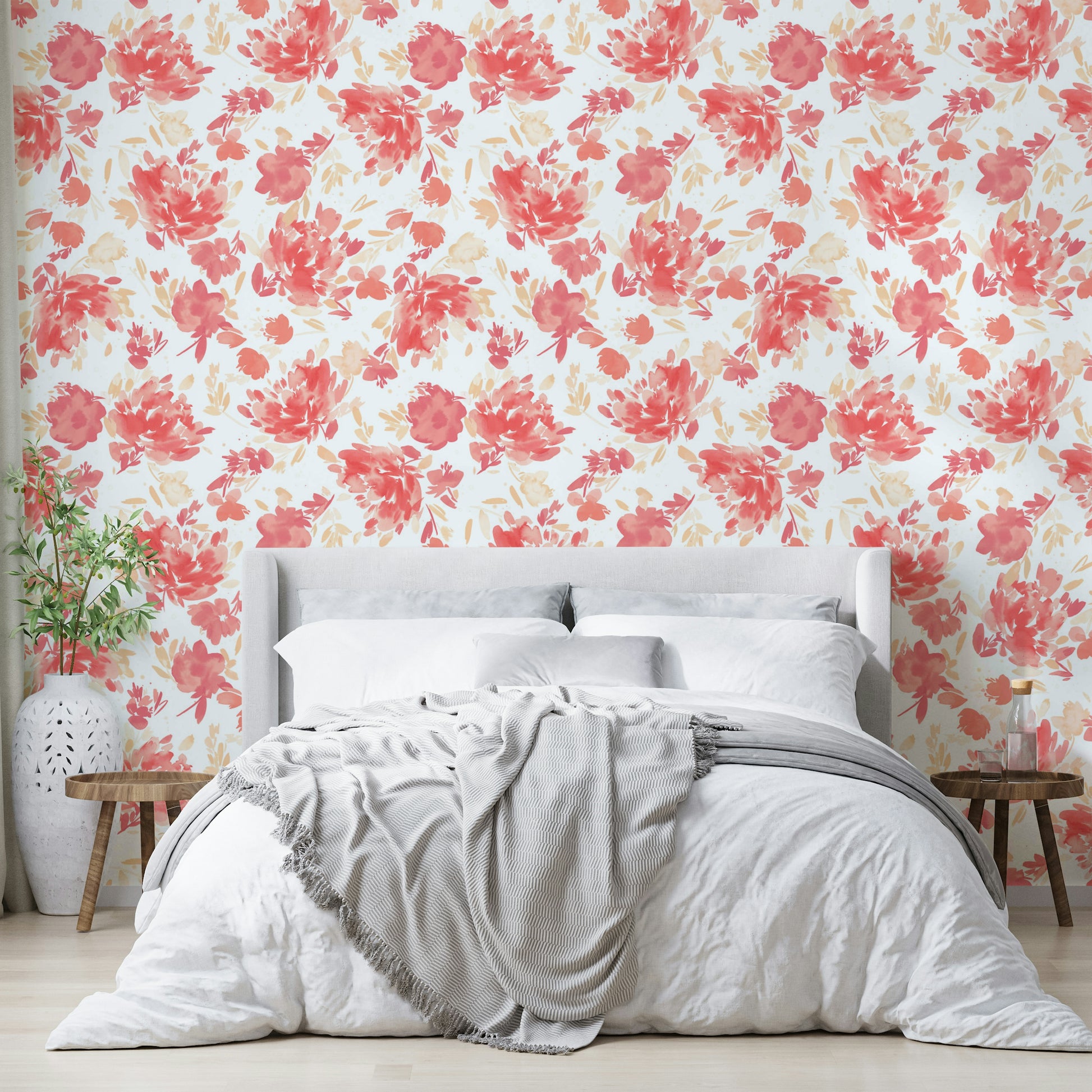Coral peach rose mural with gentle green foliage in a soft design.


