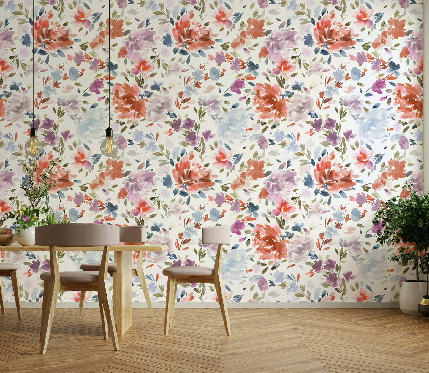 Watercolor floral design with rich, romantic red and blue roses.

