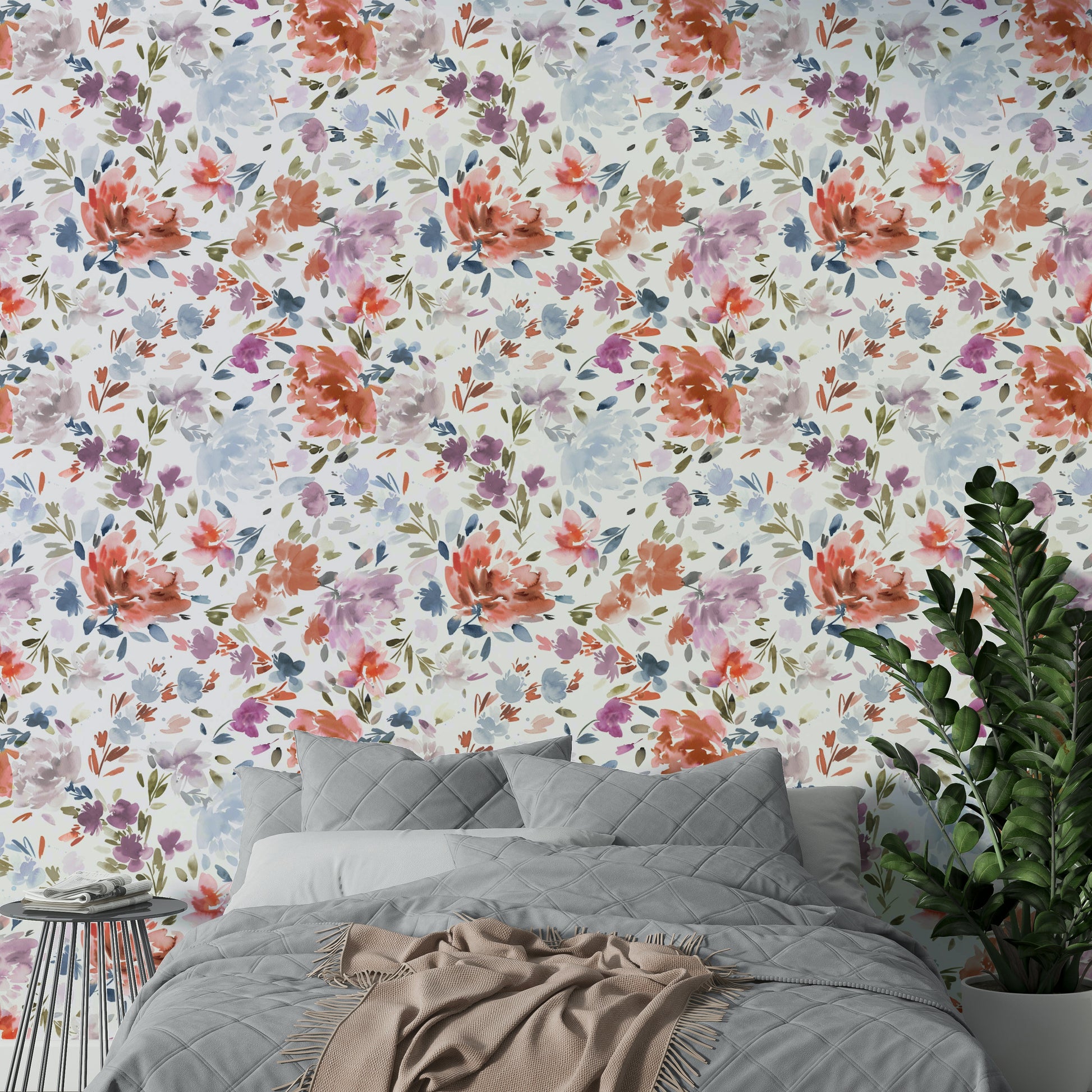 Artistic floral wallpaper combining warm reds and calming blues.

