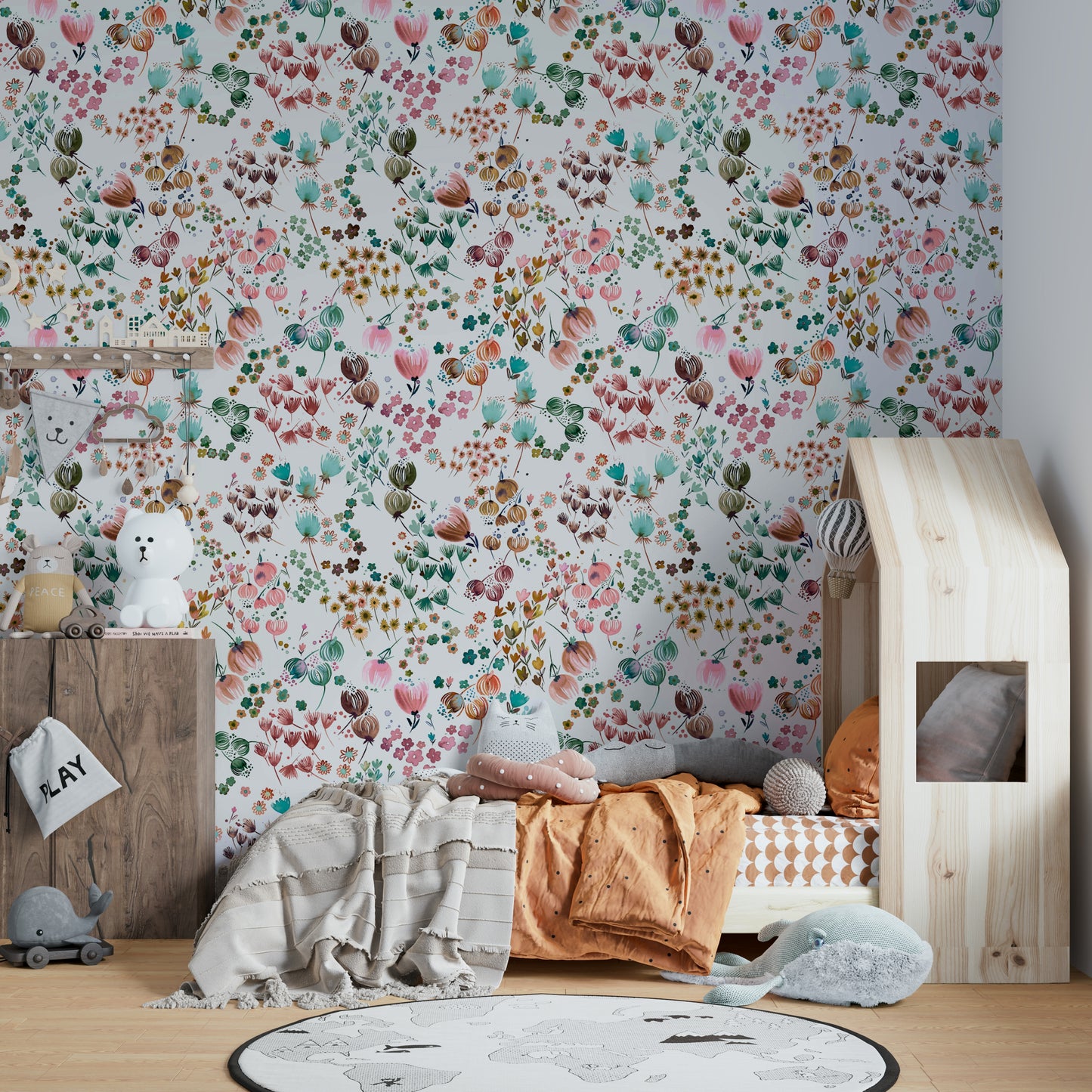 Soft watercolor flowers with green buds and orange petals.

