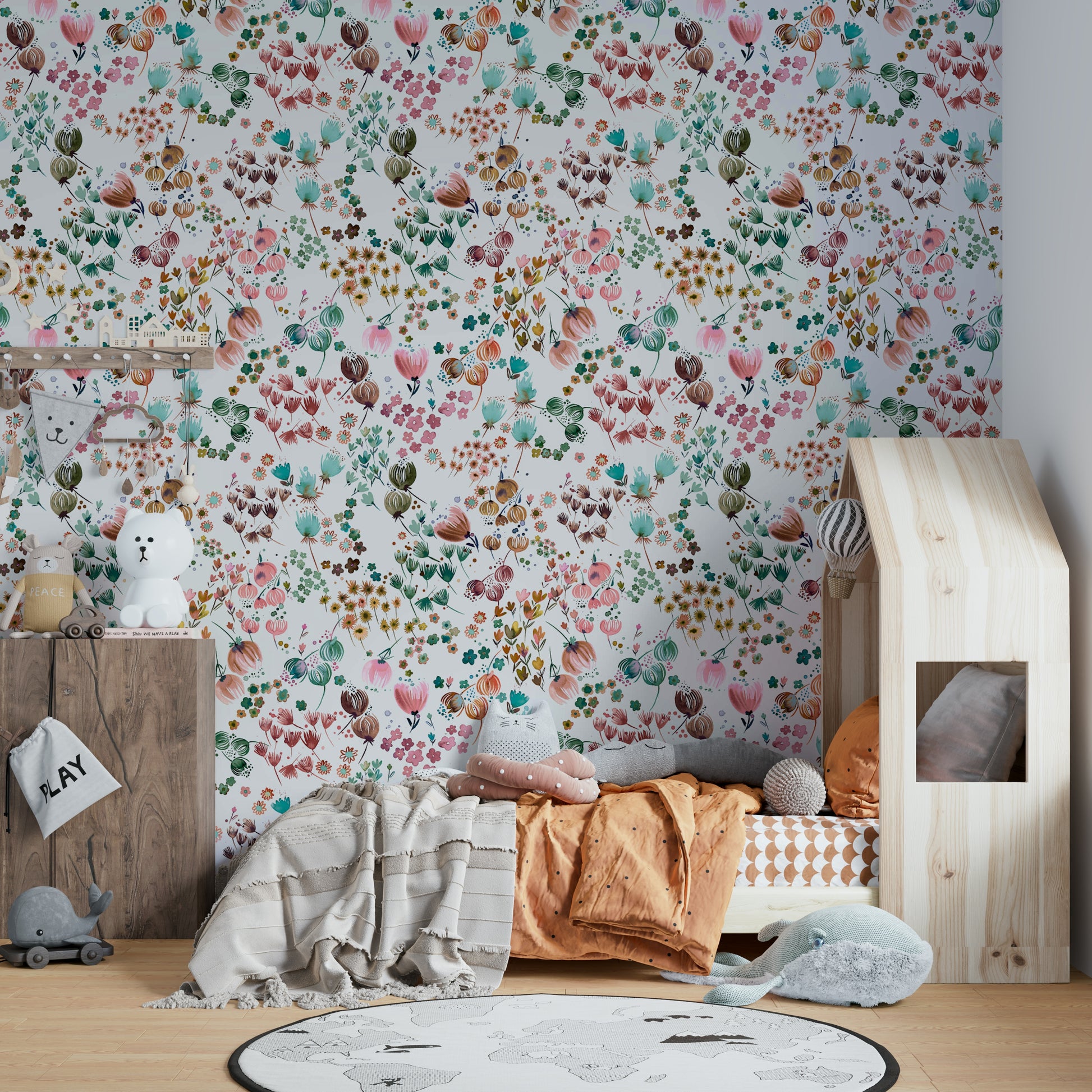 Soft watercolor flowers with green buds and orange petals.


