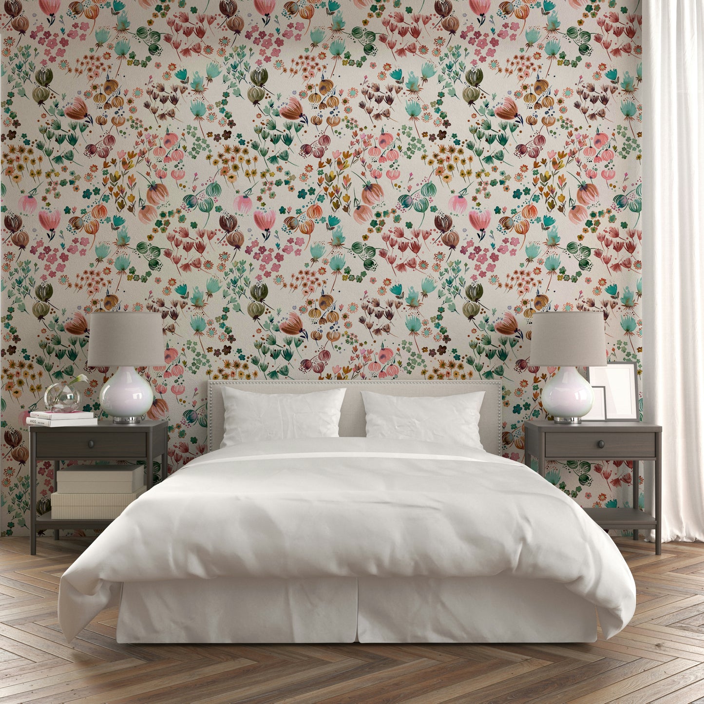 Lively floral wallpaper featuring green leaves and orange blossoms.

