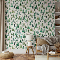 Peaceful spruces mural in soft watercolor for nature-filled interiors.

