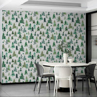 Wallpaper featuring gentle watercolor spruces and forest foliage.

