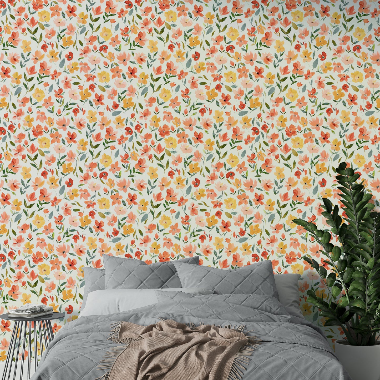 Fresh, vibrant floral wallpaper perfect for kitchens or living rooms.

