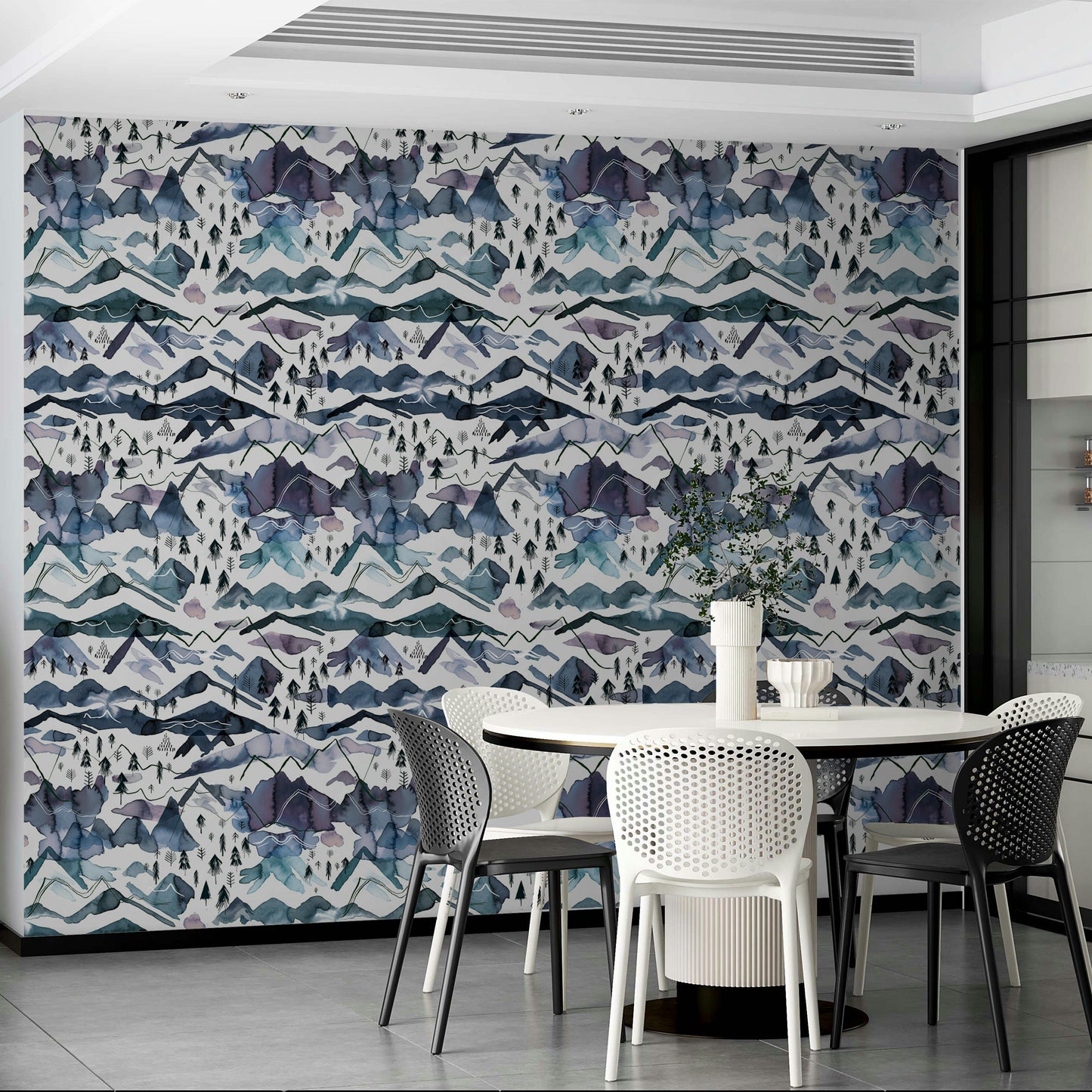 Blue and mauve mountain mural with a serene landscape view.

