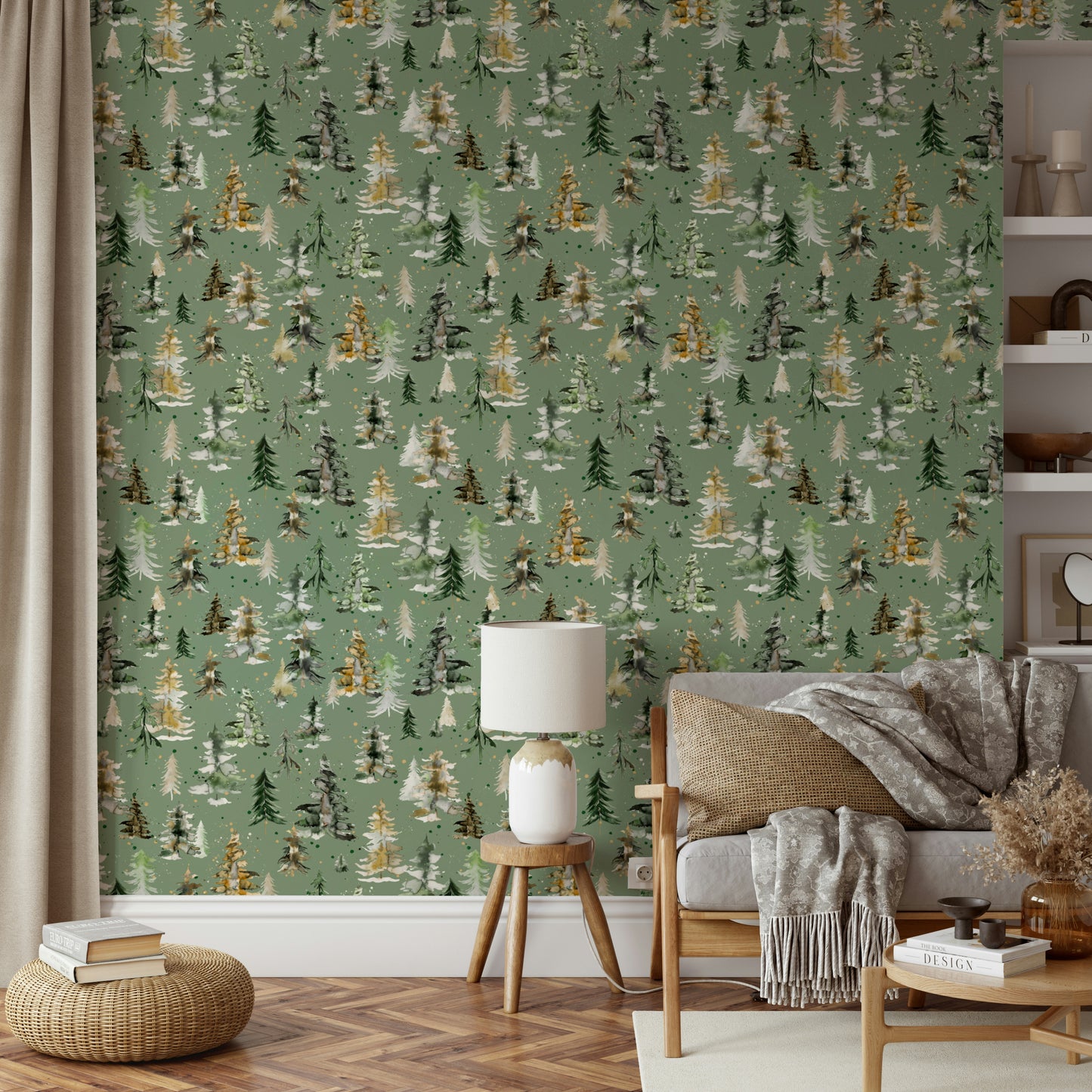 Peaceful pine forest wallpaper with a light watercolor touch.

