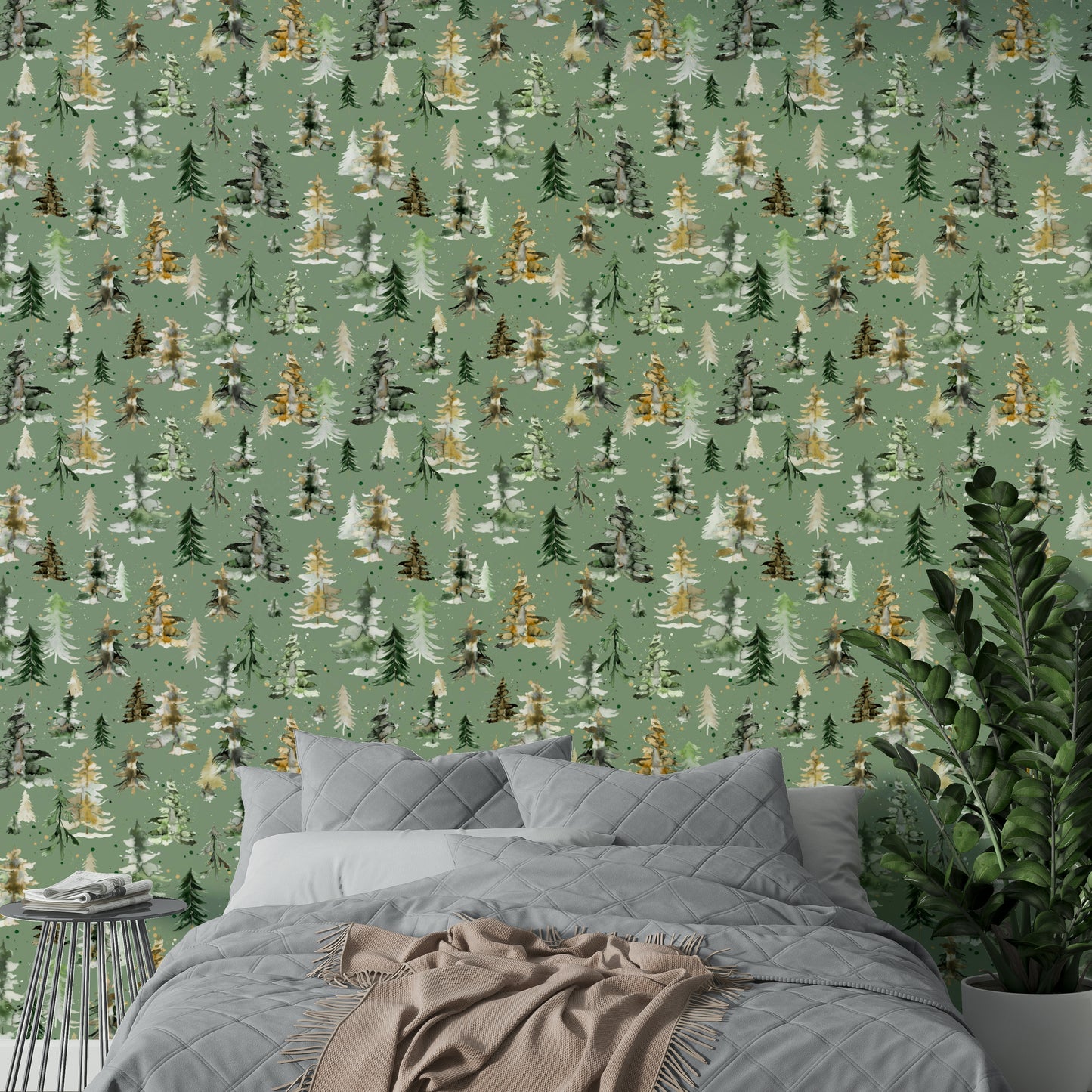 Nature mural featuring soft green spruces and a calm mood.

