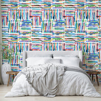 Blue tile-style wallpaper with horizontal and vertical watercolor stripes.

