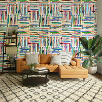 Watercolor mural with geometric stripe tile effect.


