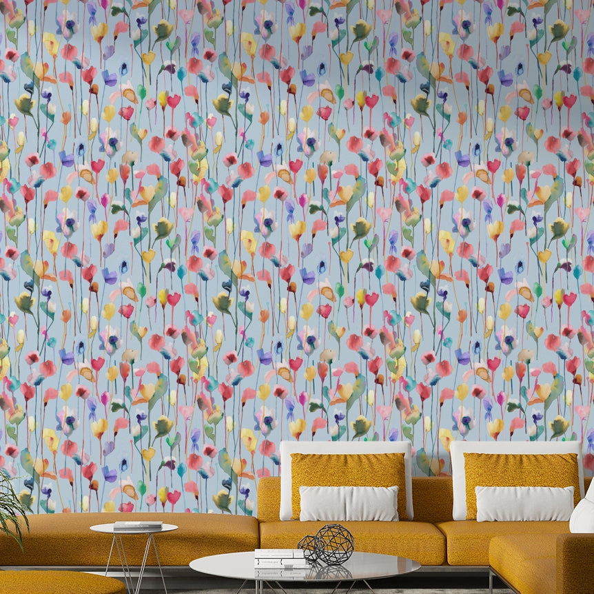 Watery Watercolor Artistic Flowers Wallpaper in soft blue and beige.

