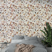 Wallpaper featuring hand-painted wildflowers on beige background.

