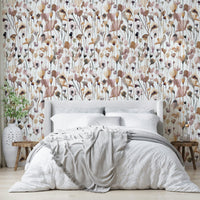 Beige wallpaper with gentle botanical wildflower illustrations.

