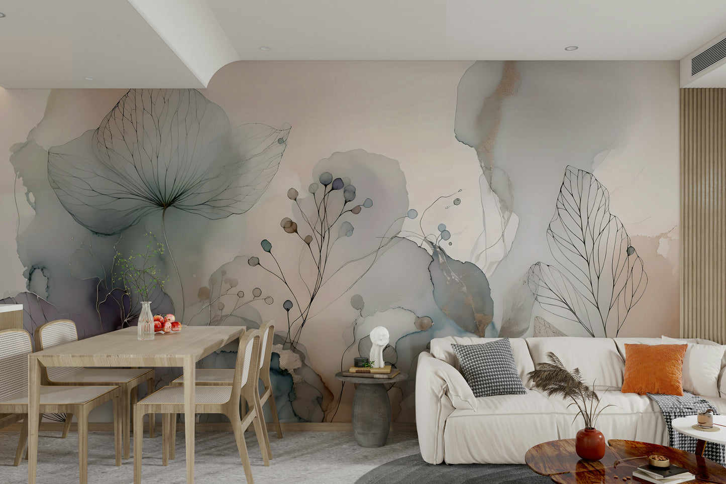 Light pink blossom wallpaper for peaceful interiors

