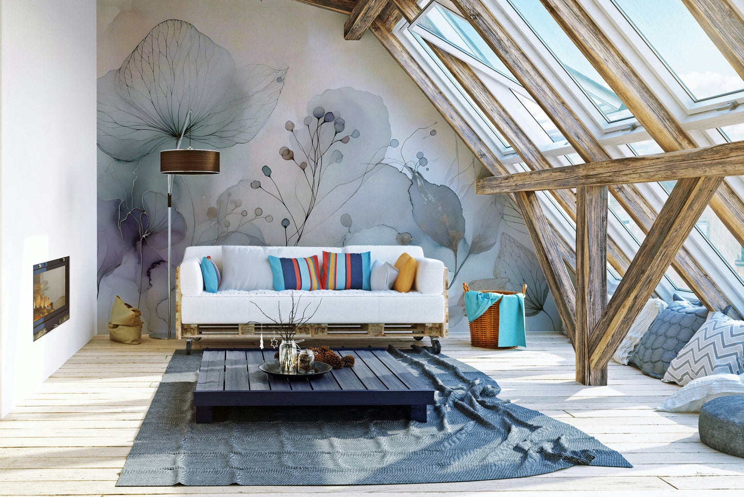 Soft blossom mural in pastel cream and pink tones

