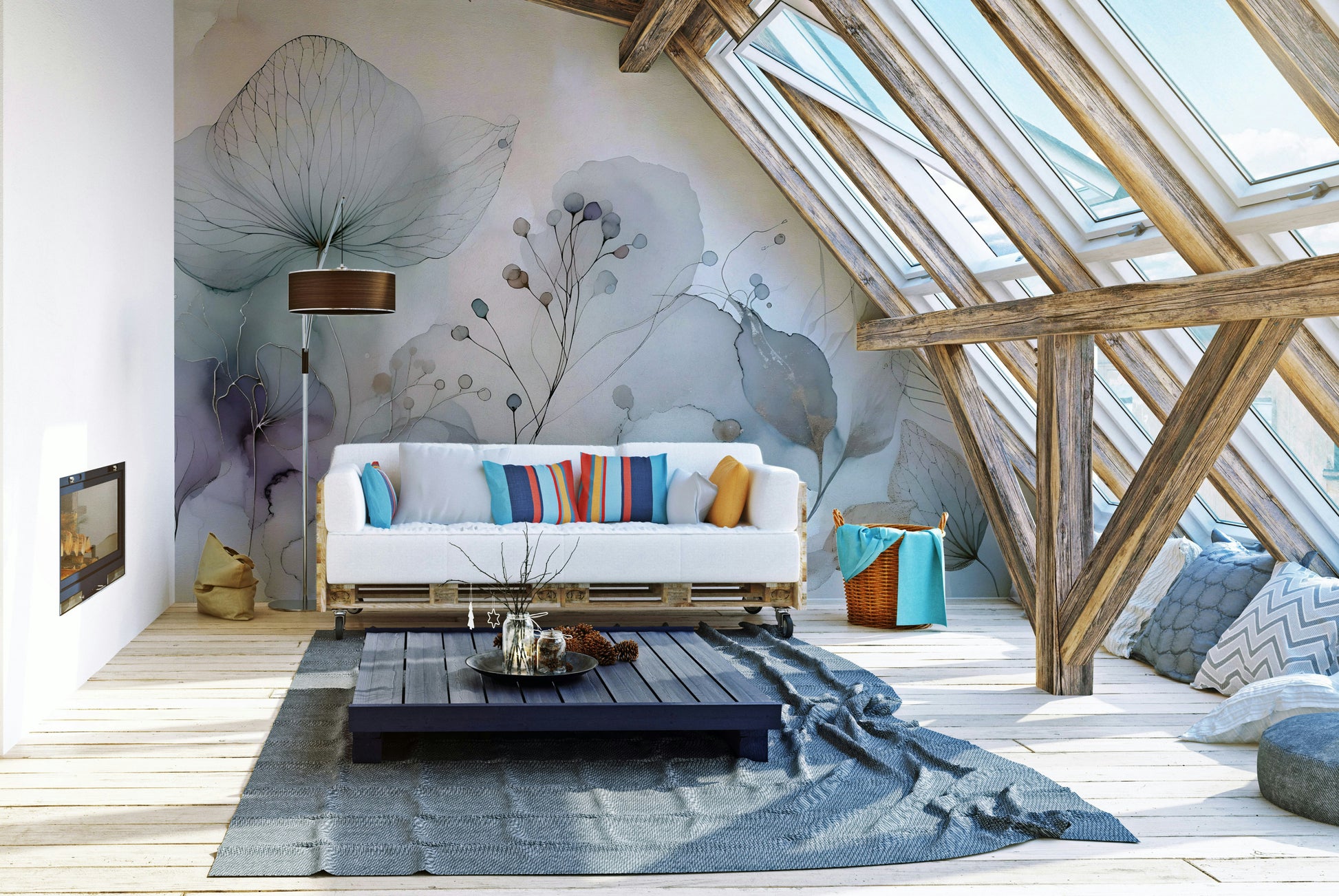 Soft blossom mural in pastel cream and pink tones

