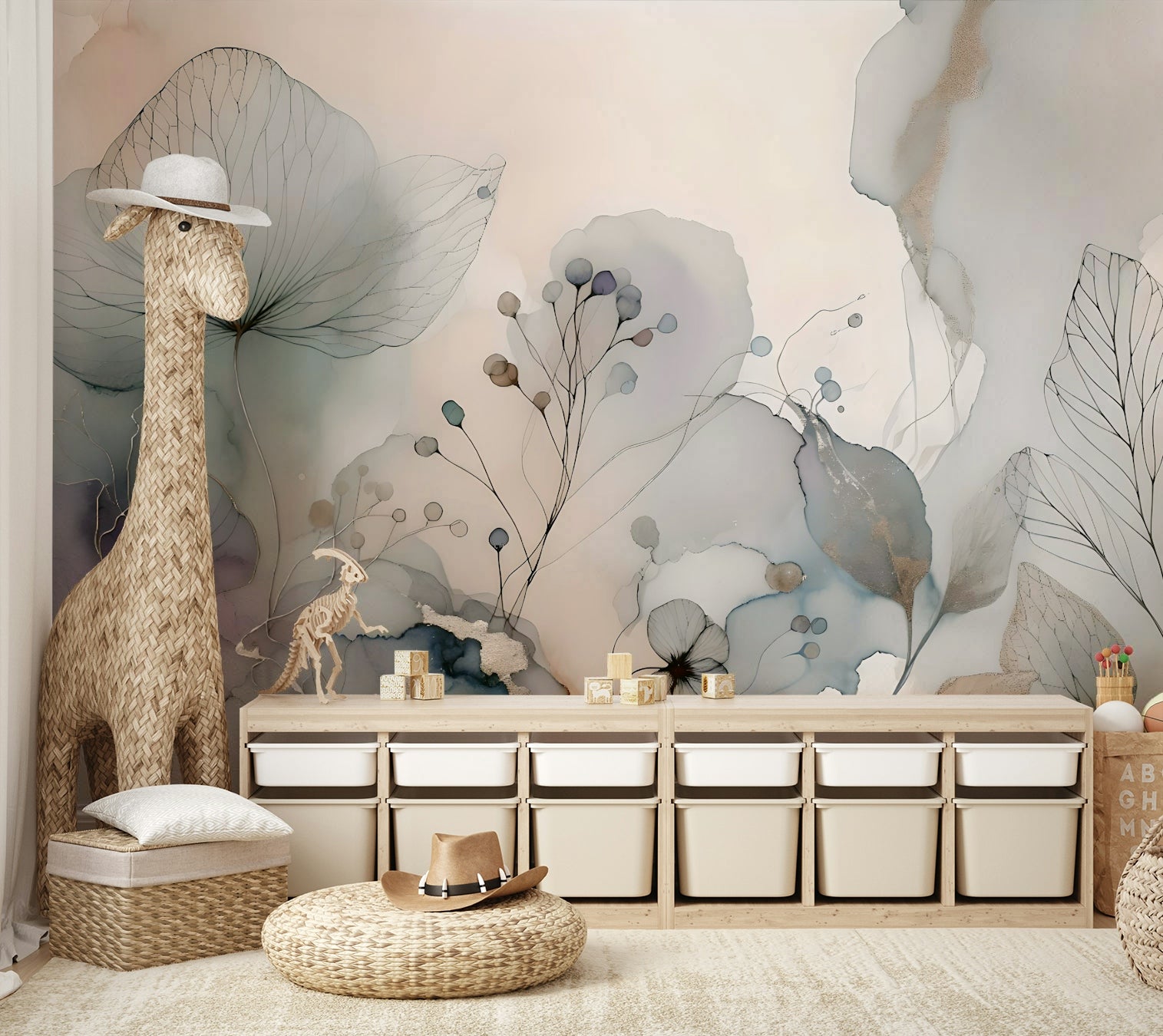 Mural wallpaper showing gentle floral pattern

