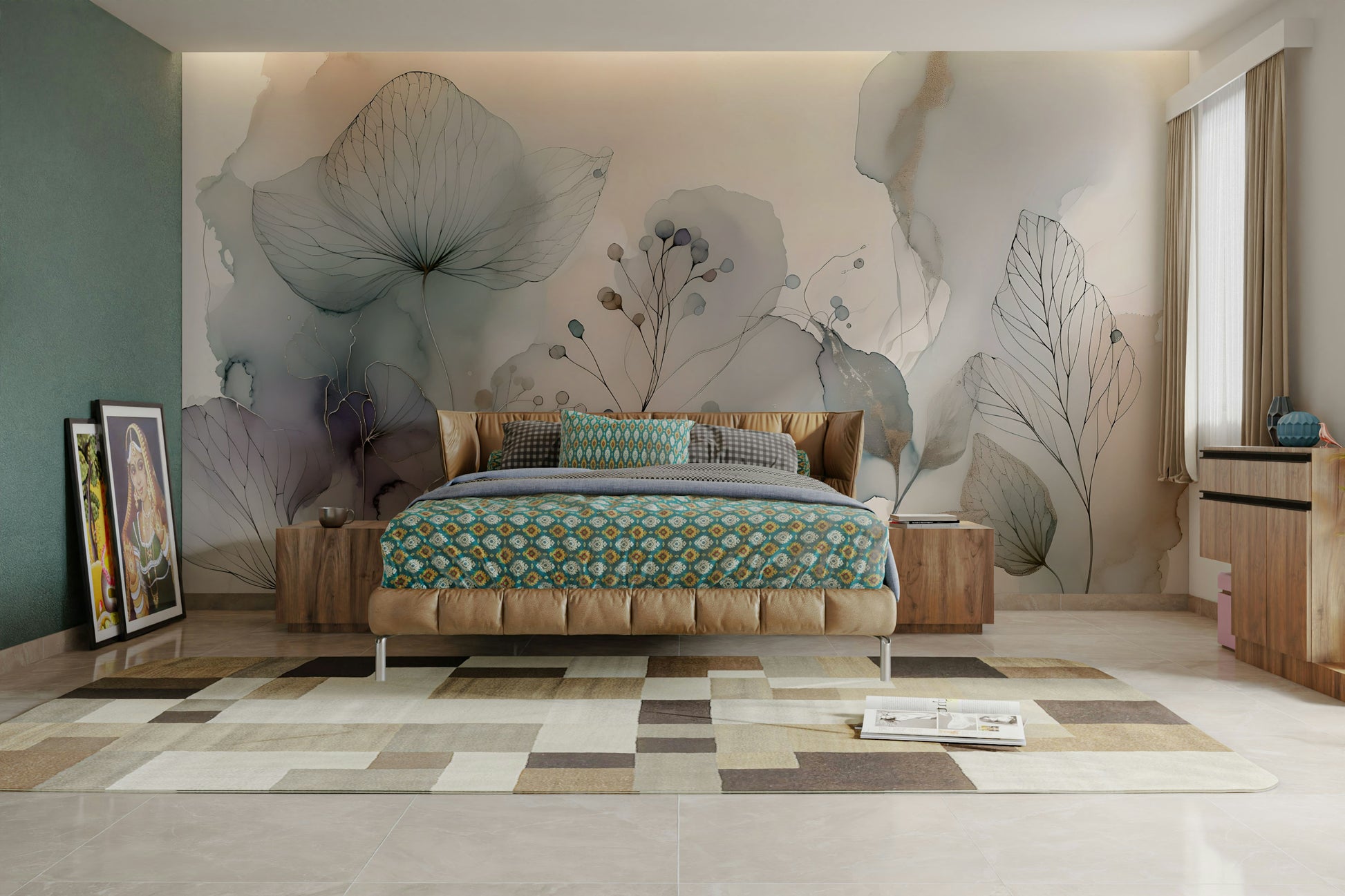 Dreamy wall mural with floating blossoms

