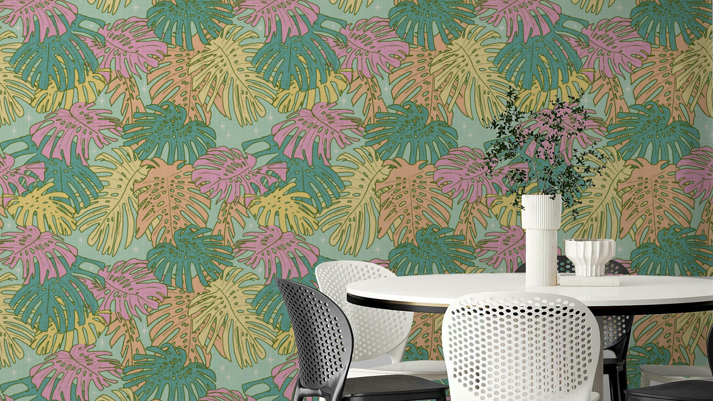 Pastel Tropical Monstera Palm Springs Retro Aqua Wallpaper with Monstera leaves.

