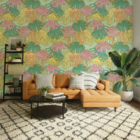 Tropical wallpaper with Monstera leaves in pastel aqua for a retro look.


