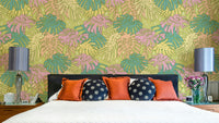 Pastel Tropical Monstera Palm Springs Retro Avocado Wallpaper with iconic leaves.

