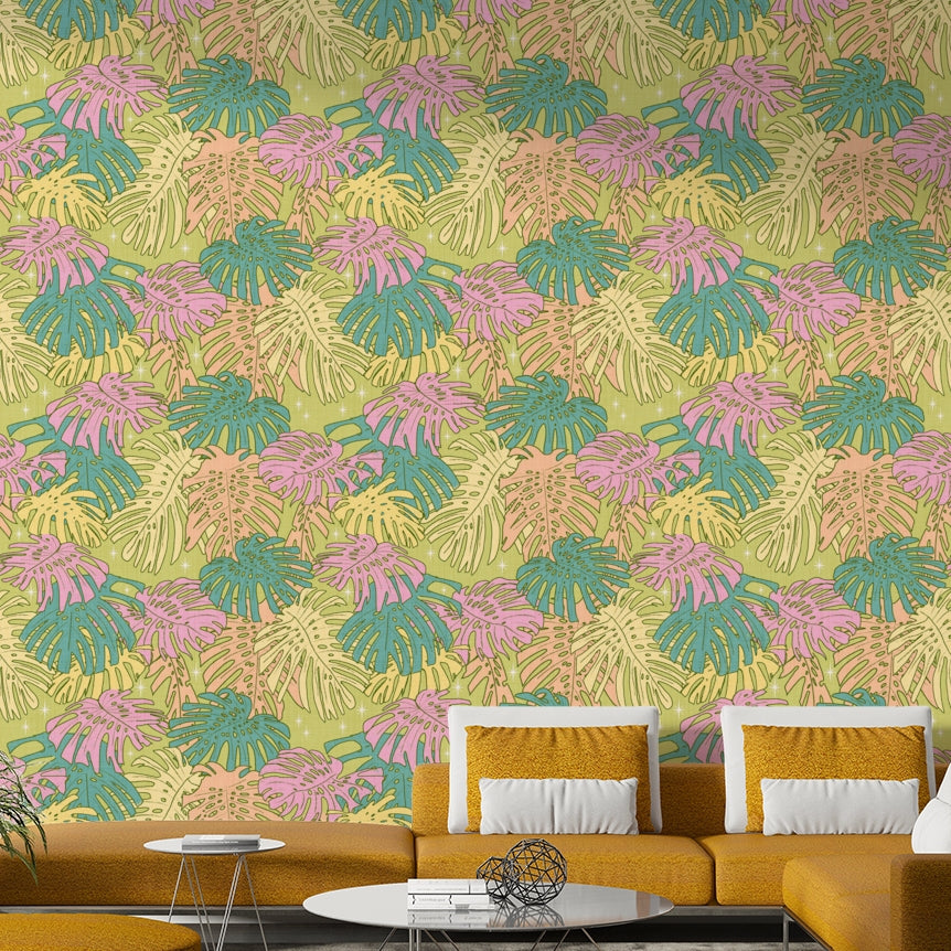 Pastel tropical wallpaper with vintage avocado tones and playful palm leaves.

