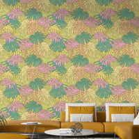 Pastel tropical wallpaper with vintage avocado tones and playful palm leaves.

