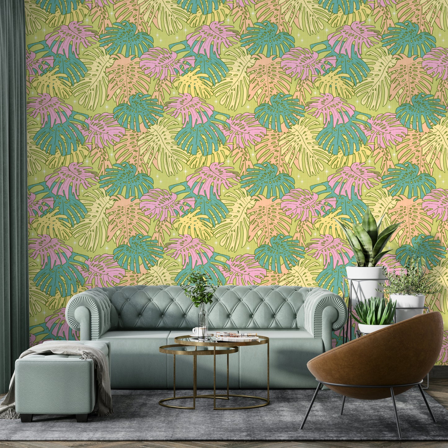 Retro avocado wallpaper with tropical palm leaves in soft pastel colors.


