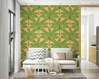 Tropical desert-inspired wallpaper with green leaves and warm orange accents.

