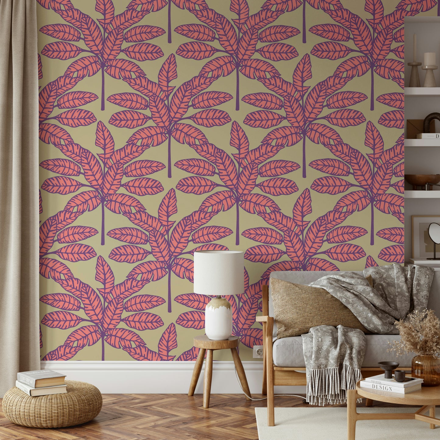 Tropical desert-inspired wallpaper with colorful palm fronds in pink and purple.

