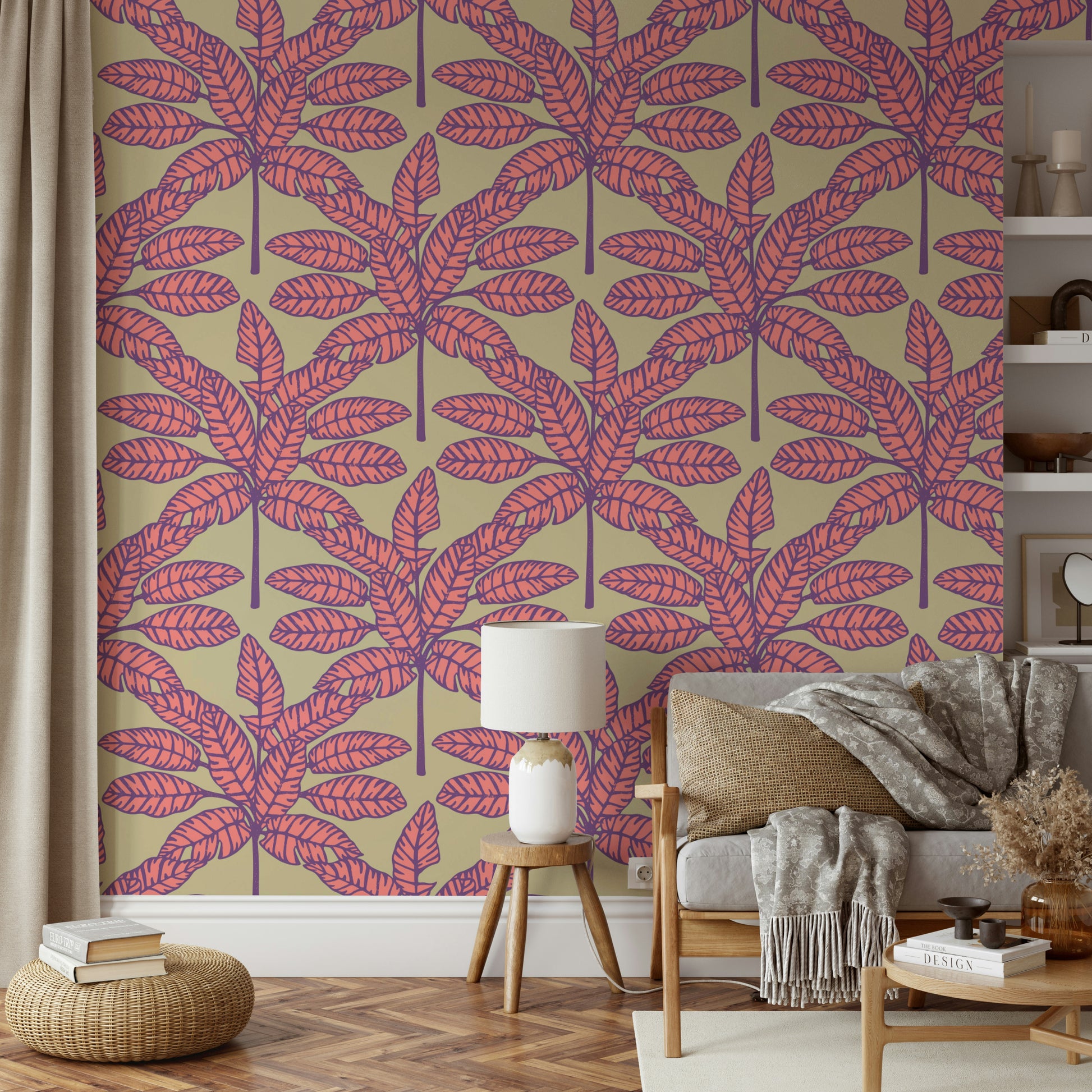 Tropical desert-inspired wallpaper with colorful palm fronds in pink and purple.

