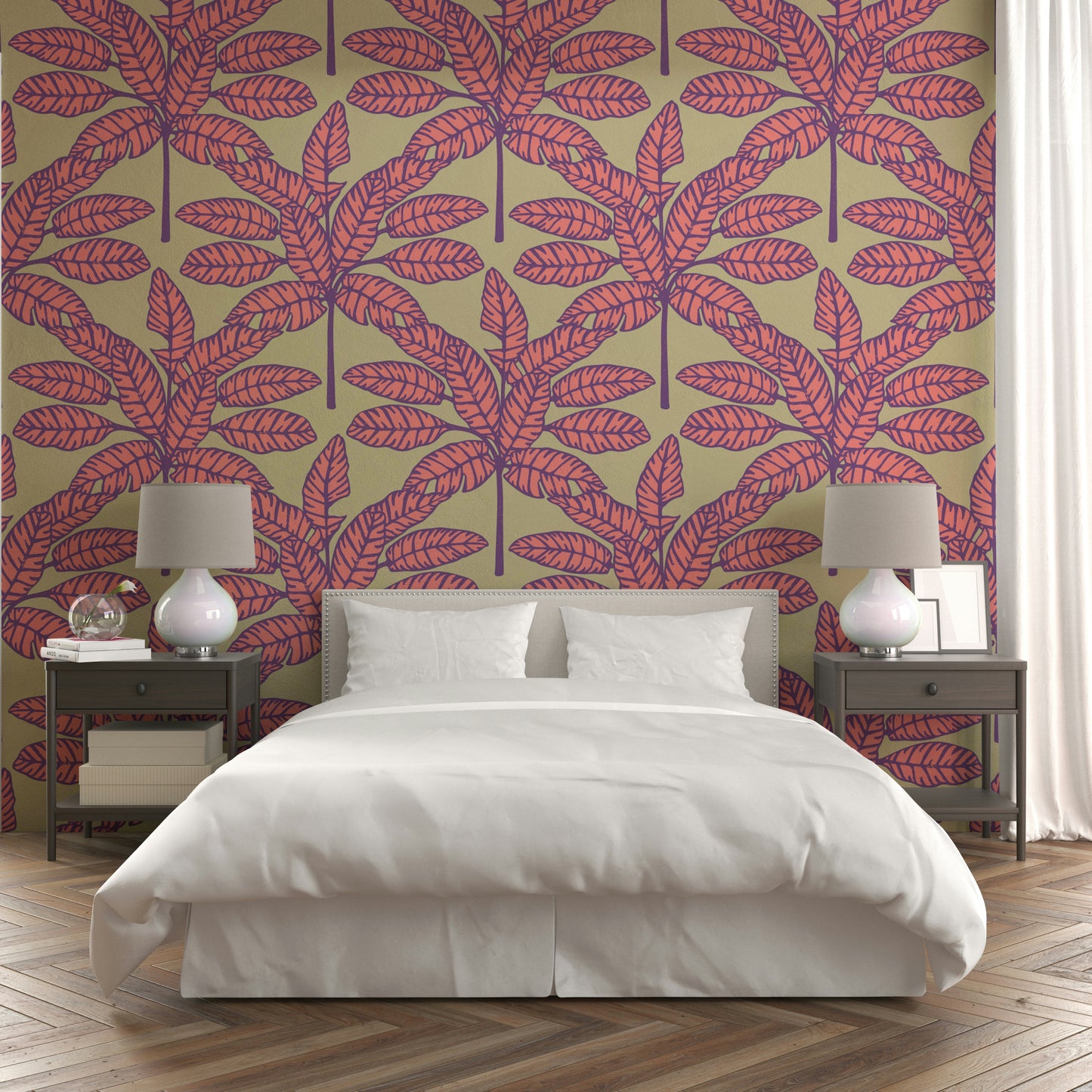 Retro-inspired tropical leaves in vibrant pink and purple on cream wallpaper.

