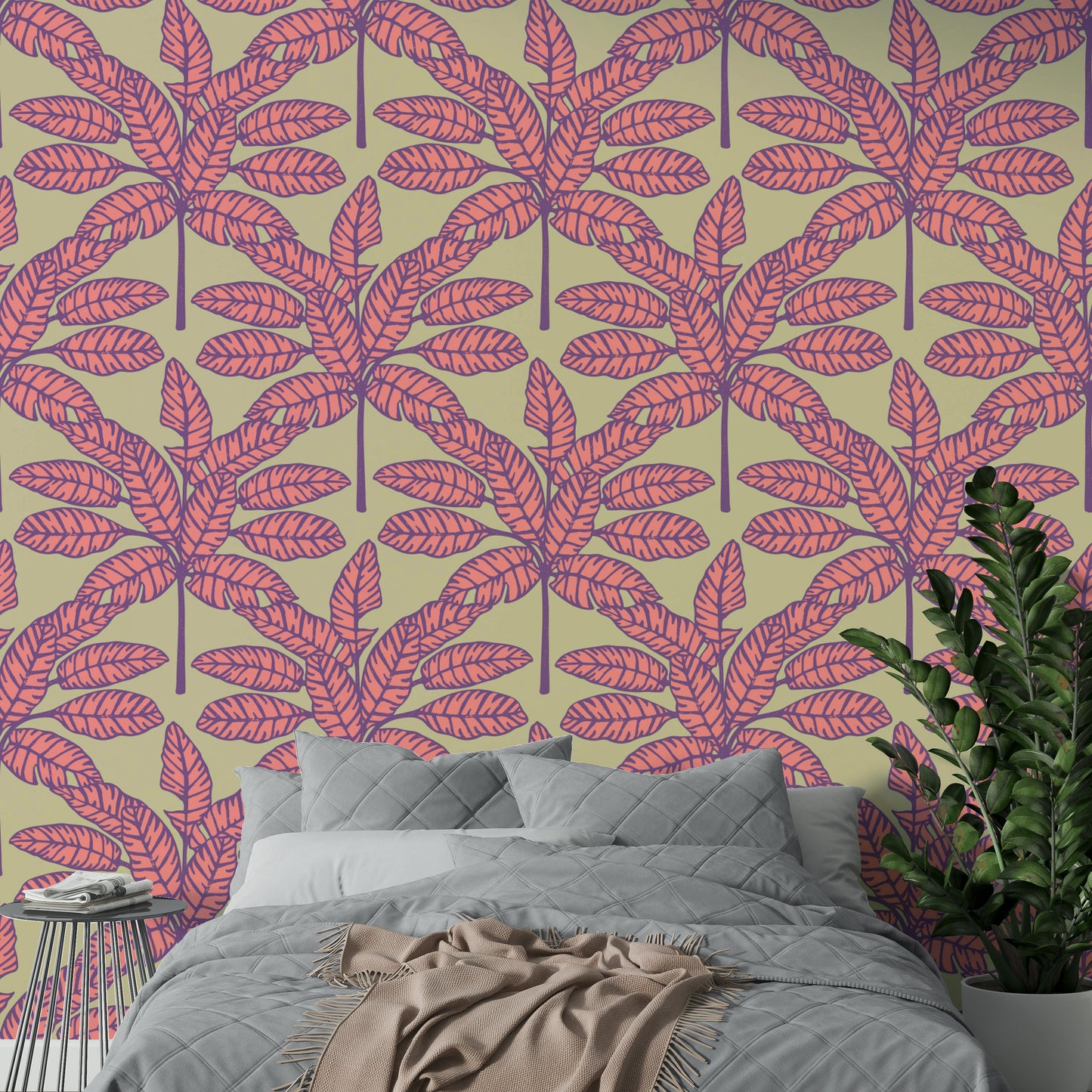 Wallpaper with desert leaves and vibrant tropical colors on a neutral cream backdrop.

