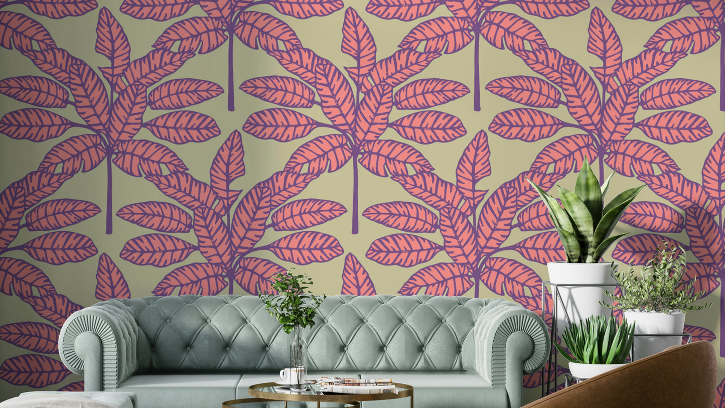 Desert Leaves Oasis Retro Mid Century Tropical Pink Purple Cream Wallpaper with bold tropical leaves.

