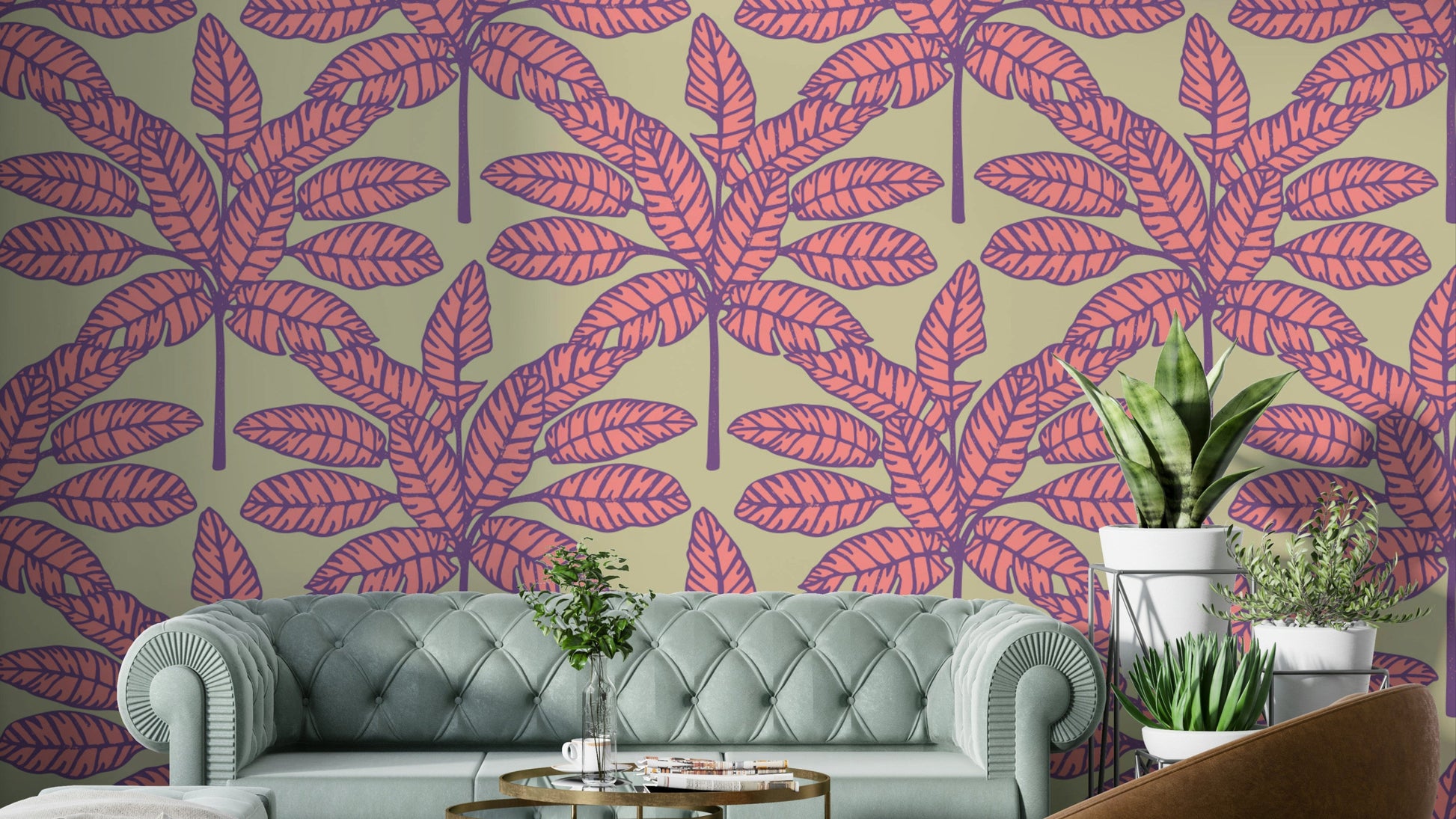 Desert Leaves Oasis Retro Mid Century Tropical Pink Purple Cream Wallpaper with bold tropical leaves.

