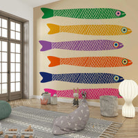 Anchovies Bright Rainbow Fish on Cream Wall Mural with colorful fish.

