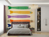 Colorful rainbow fish on a soft cream wall mural, perfect for children’s rooms.

