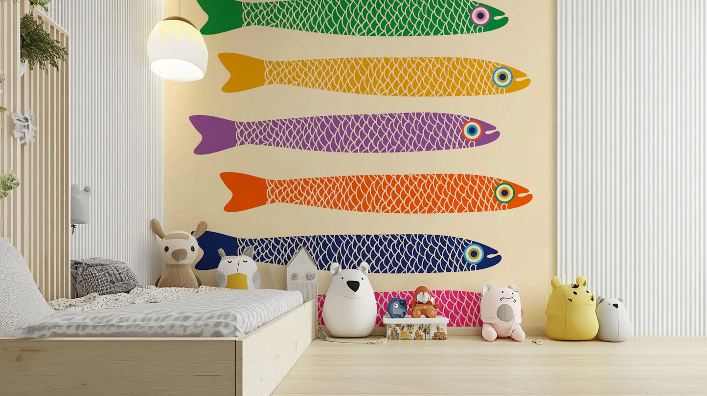 Playful wall mural featuring rainbow-colored fish on a cream background.

