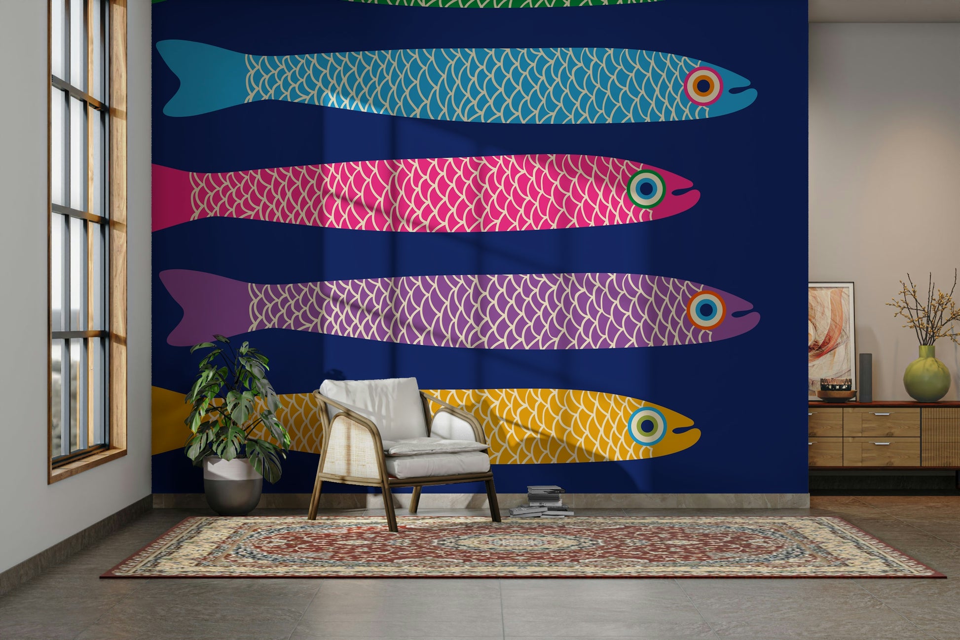 Playful wall mural featuring rainbow-colored fish on a royal blue background.

