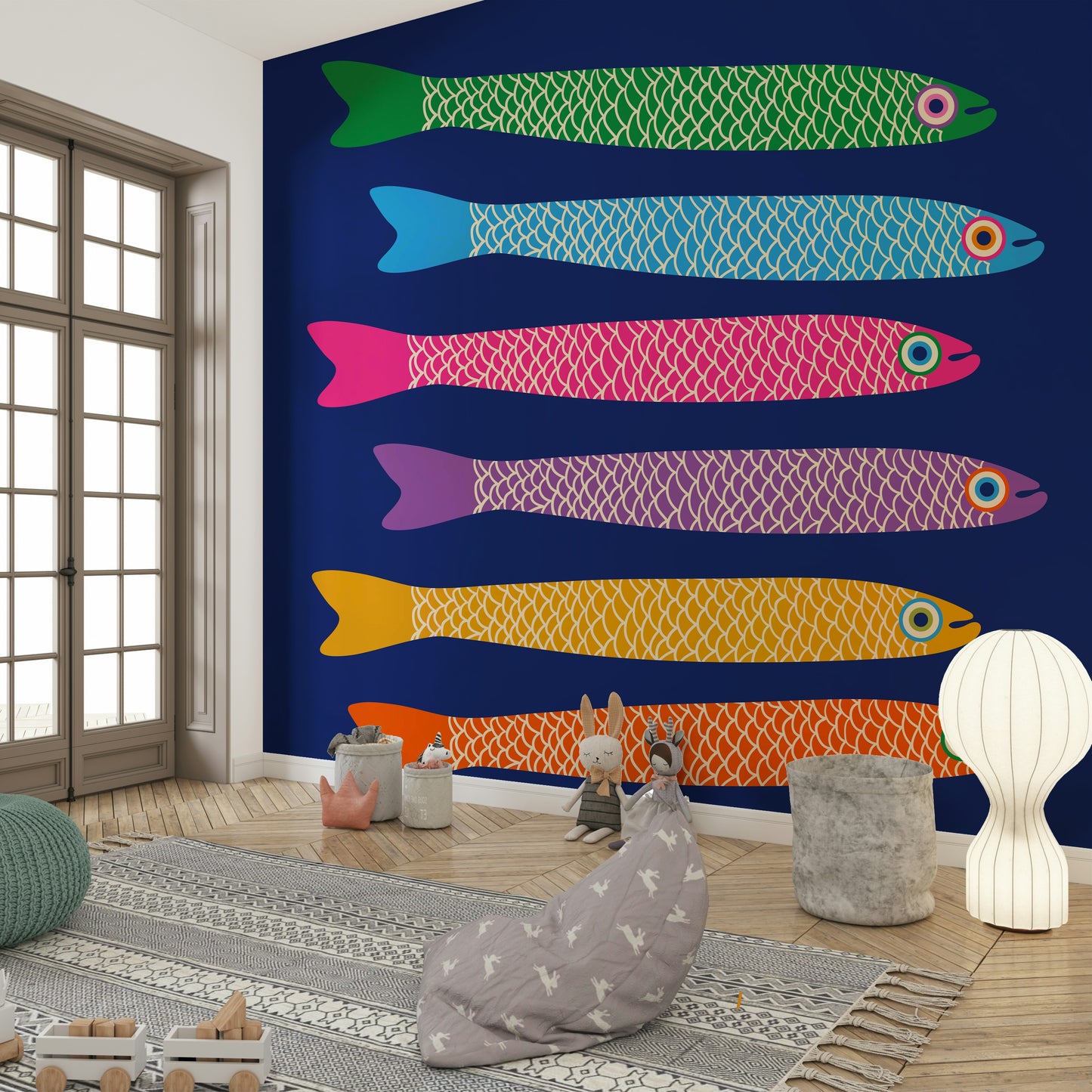 Colorful underwater scene with rainbow anchovies on a bold royal blue mural.

