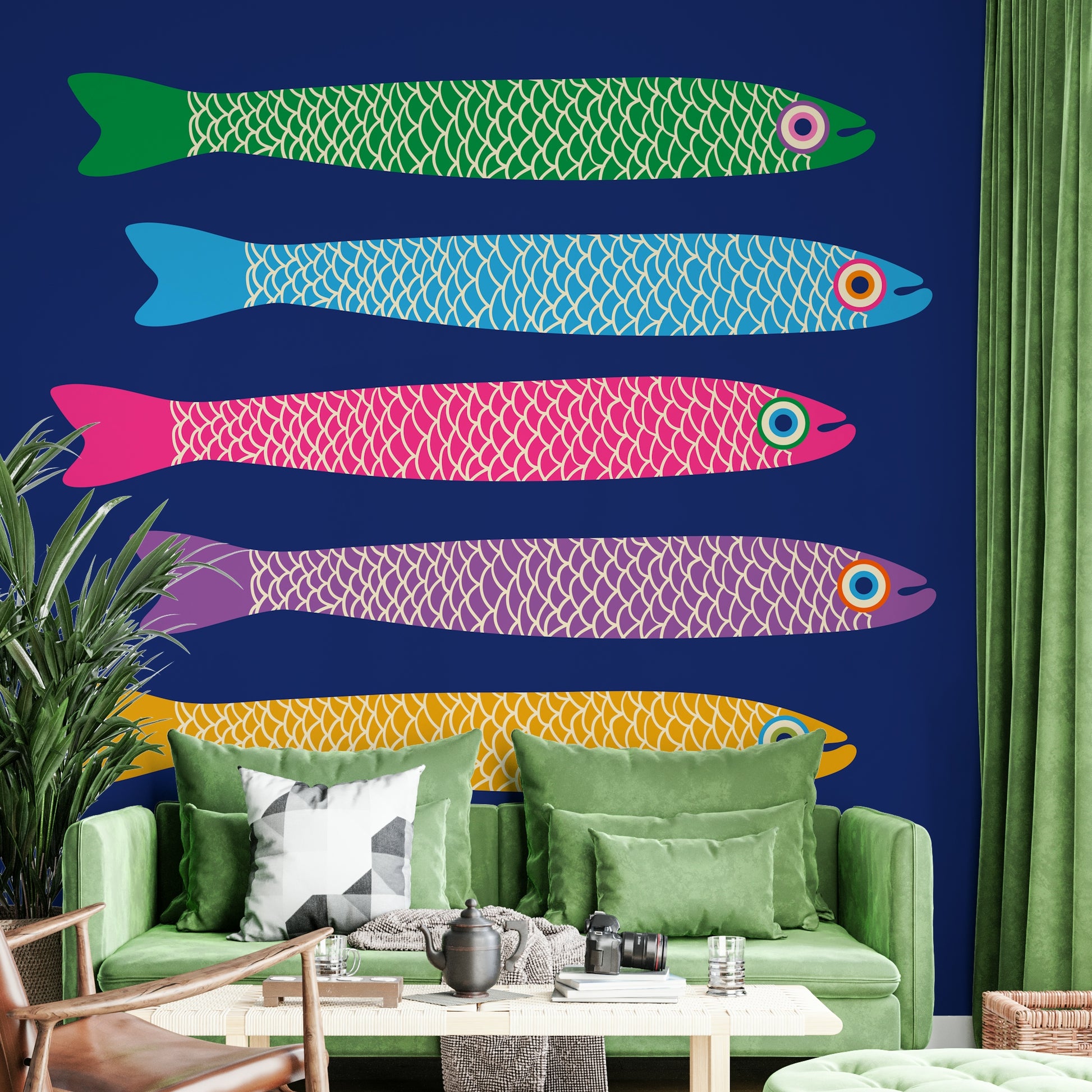 Bright, multicolored fish on a rich blue background for an energetic wall mural.

