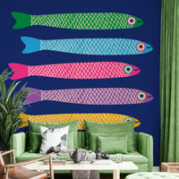 Bright, multicolored fish on a rich blue background for an energetic wall mural.

