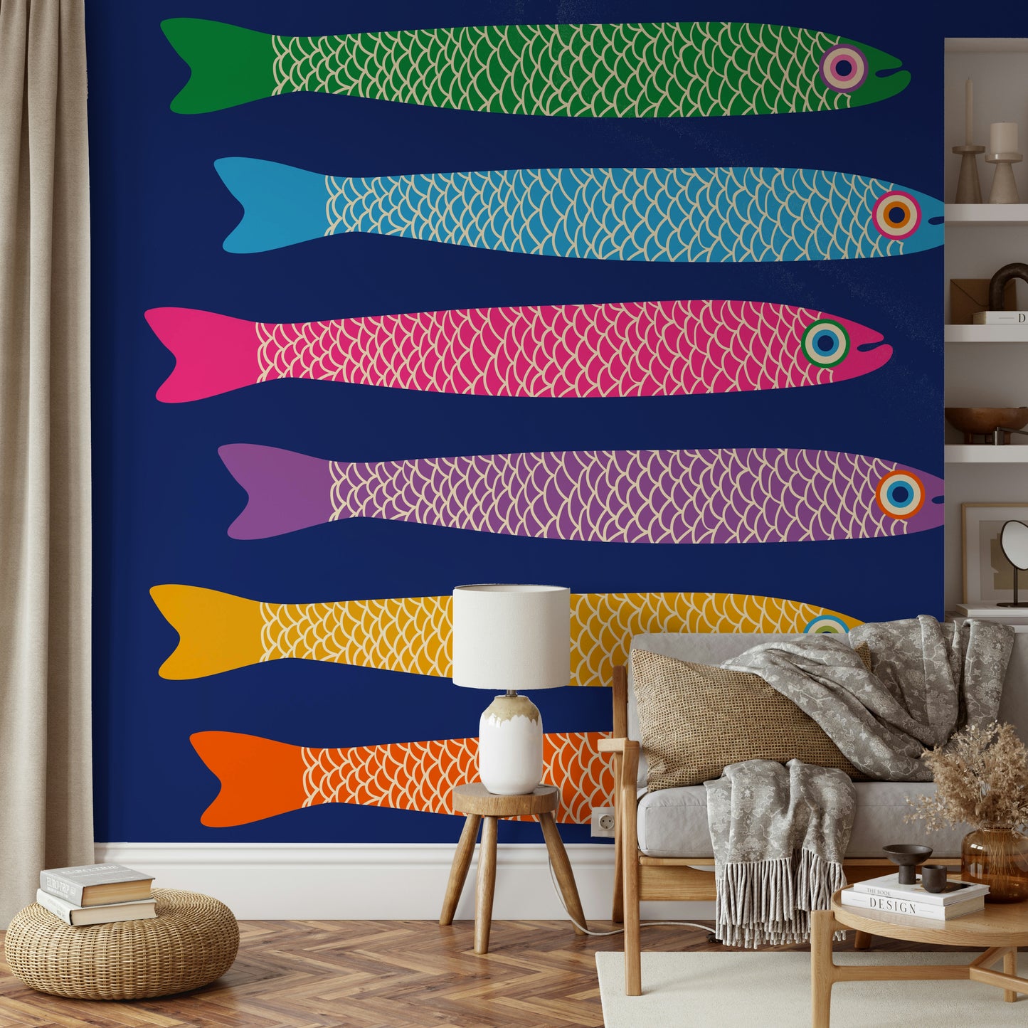 Anchovies Bright Rainbow Fish on Royal Blue Wall Mural with vibrant fish.

