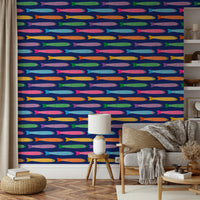 Tropical fish design on royal blue wallpaper with bright colors.

