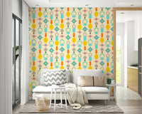 Wallpaper with mid-century modern suncatcher-inspired shapes in cream tones.

