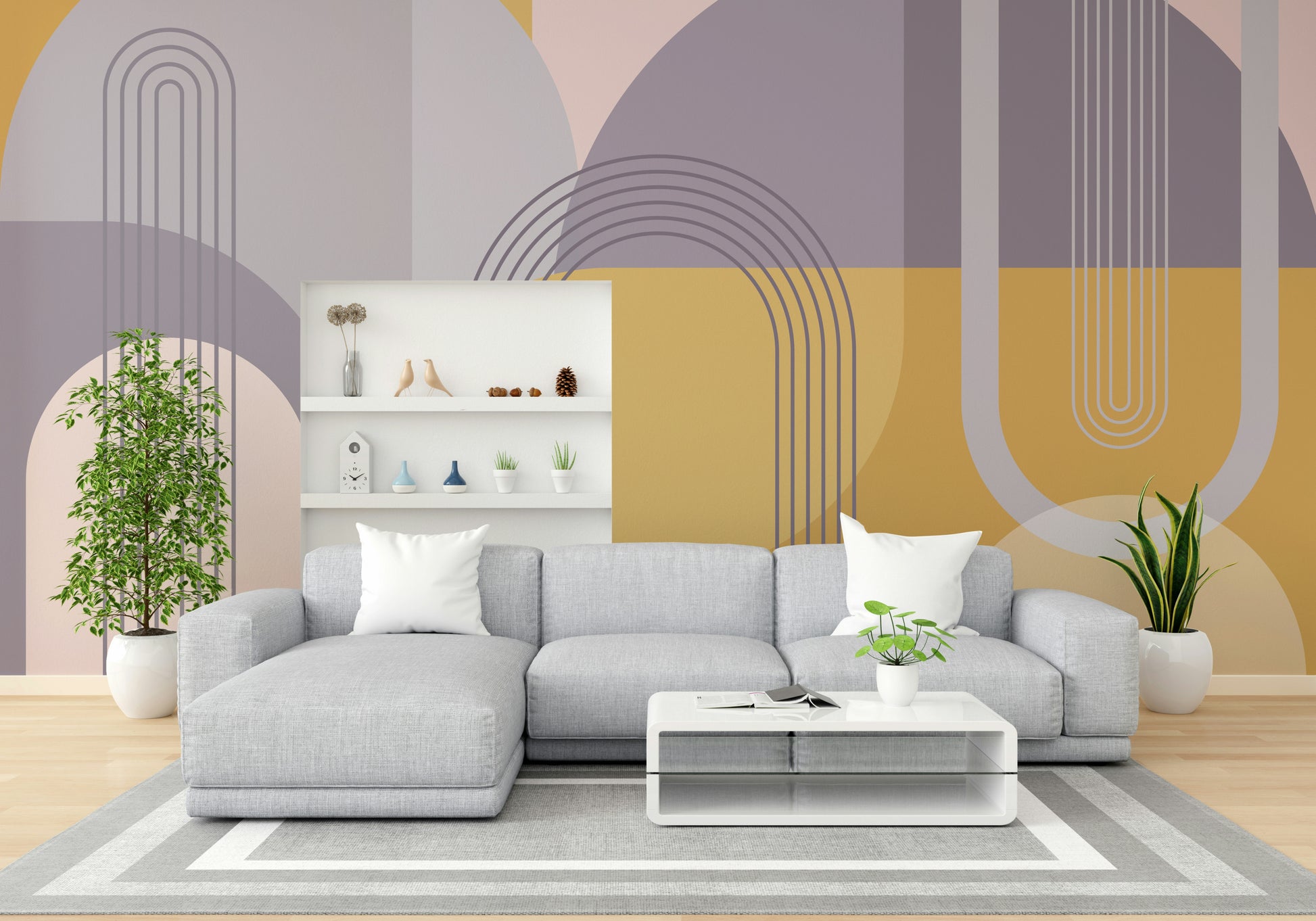 Retro mid-century modern mural with geometric patterns and hues.

